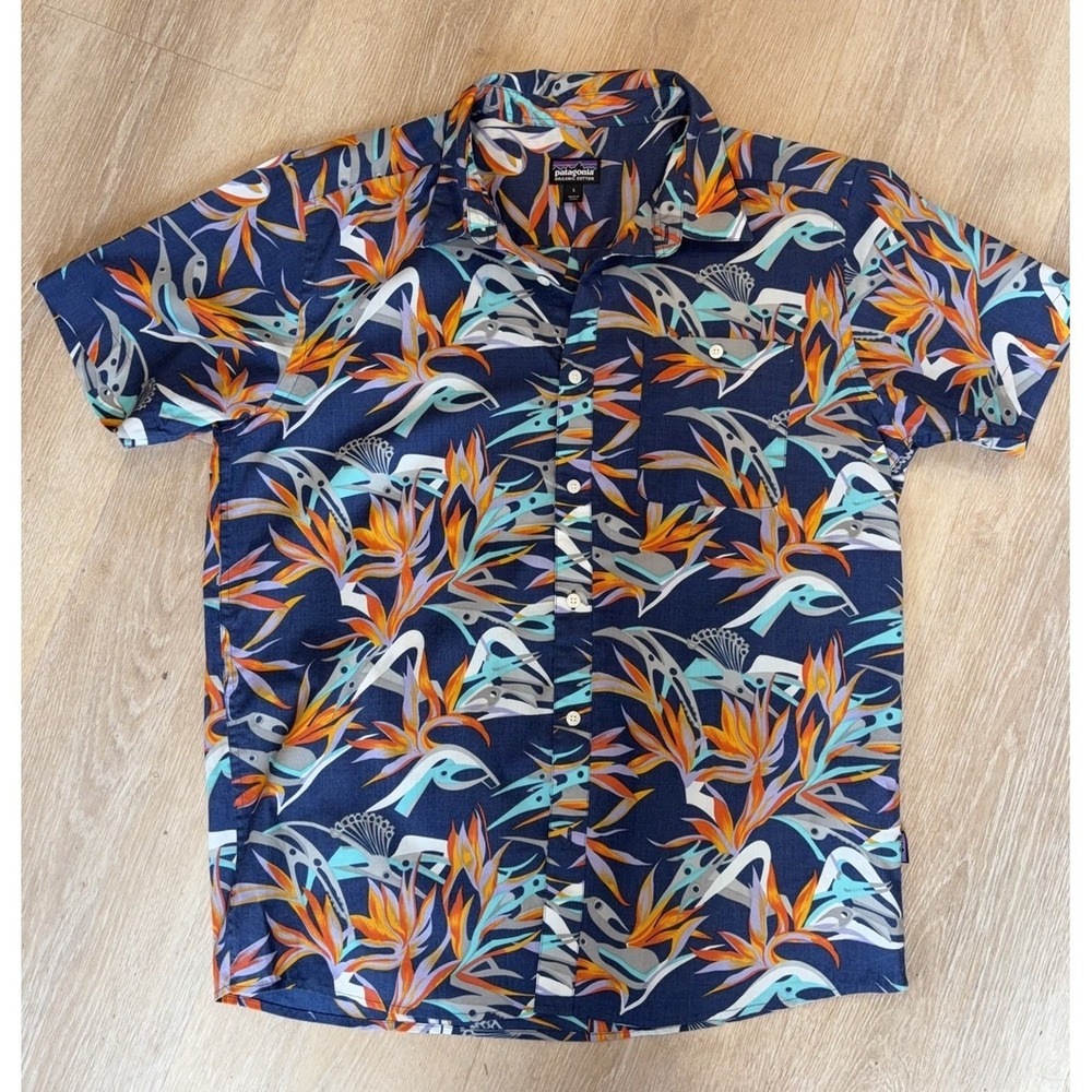 Patagonia Piton Birds Of Paradise Hawaiian Shirt Mens Large Blue Organic Cotton